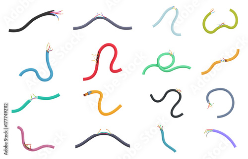 Damaged electrical cables. Electricity problems, broken cable for charge device or communication wires. Electric connects uninsulated, cartoon sapid vector set