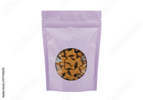 Fotografía Isolated lilac bag of dog treats, bone-shaped snacks visible through a circular