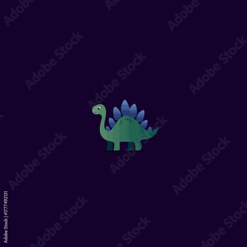 Cute cartoon dinosaur illustration with blue plates on a dark background. Playful prehistoric animal character, child-friendly graphic.