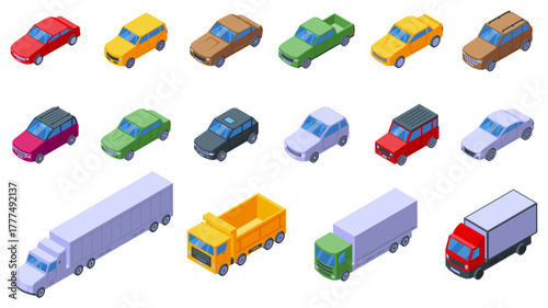 Isometric cars. Personal car various design. City and country vehicle, delivery, transportation. Automobile 3d isolated elements, urban travel nifty vector set