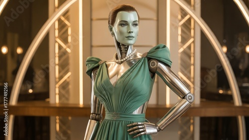 A photorealistic humanoid robot dressed in
glamorous 1940s fashion, featuring polished chrome and brushed steel body panels with subtle articulated joints. The robot wears an elegant emerald green 