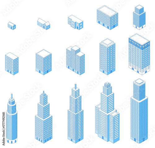 Isometric line buildings. Various apartments and building with windows. Isolated outline urban architecture, office shopping mall, nifty vector set