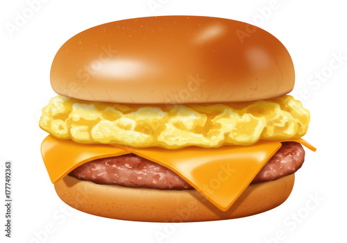 Isolated breakfast sandwich with sausage, egg, cheese, and bun on a bright morning