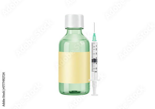 Canvas Print Isolated bottle of medicine with blank label and syringe for injection of vaccin