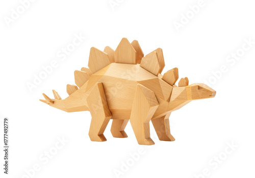 Isolated Stegosaurus figurine carved from wood, geometric polygonal dinosaur model toy