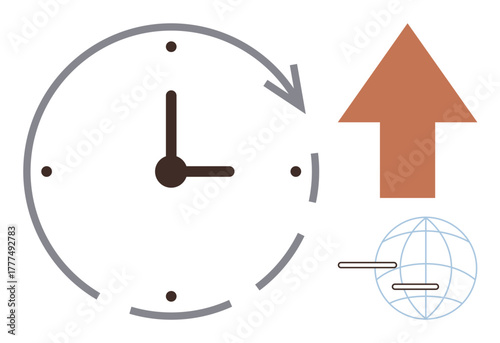 Clock with arrow, upward arrow, globe symbolizing time efficiency, progress, global reach. Ideal for business, productivity, growth international expansion planning success teamwork. Simple flat