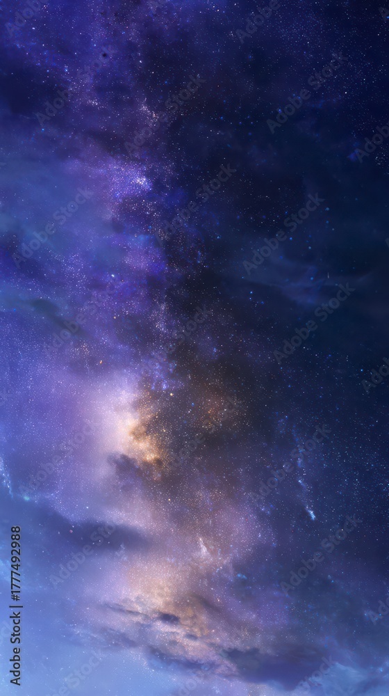 Fototapeta premium Celestial Canvas: A mesmerizing panorama of the night sky, a canvas of deep blues, purples, and touches of gold, speckled with countless stars.