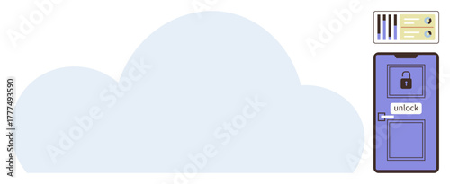 Cloud with lockable door featuring unlock label, server panel. Ideal for security, storage, technology, cloud computing, access control, privacy data protection. Simple flat metaphor