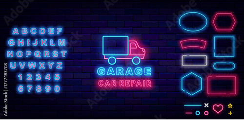 Garage auto repair neon sign. Car service. Shiny blue alphabet. Motor repair service. Vector stock illustration