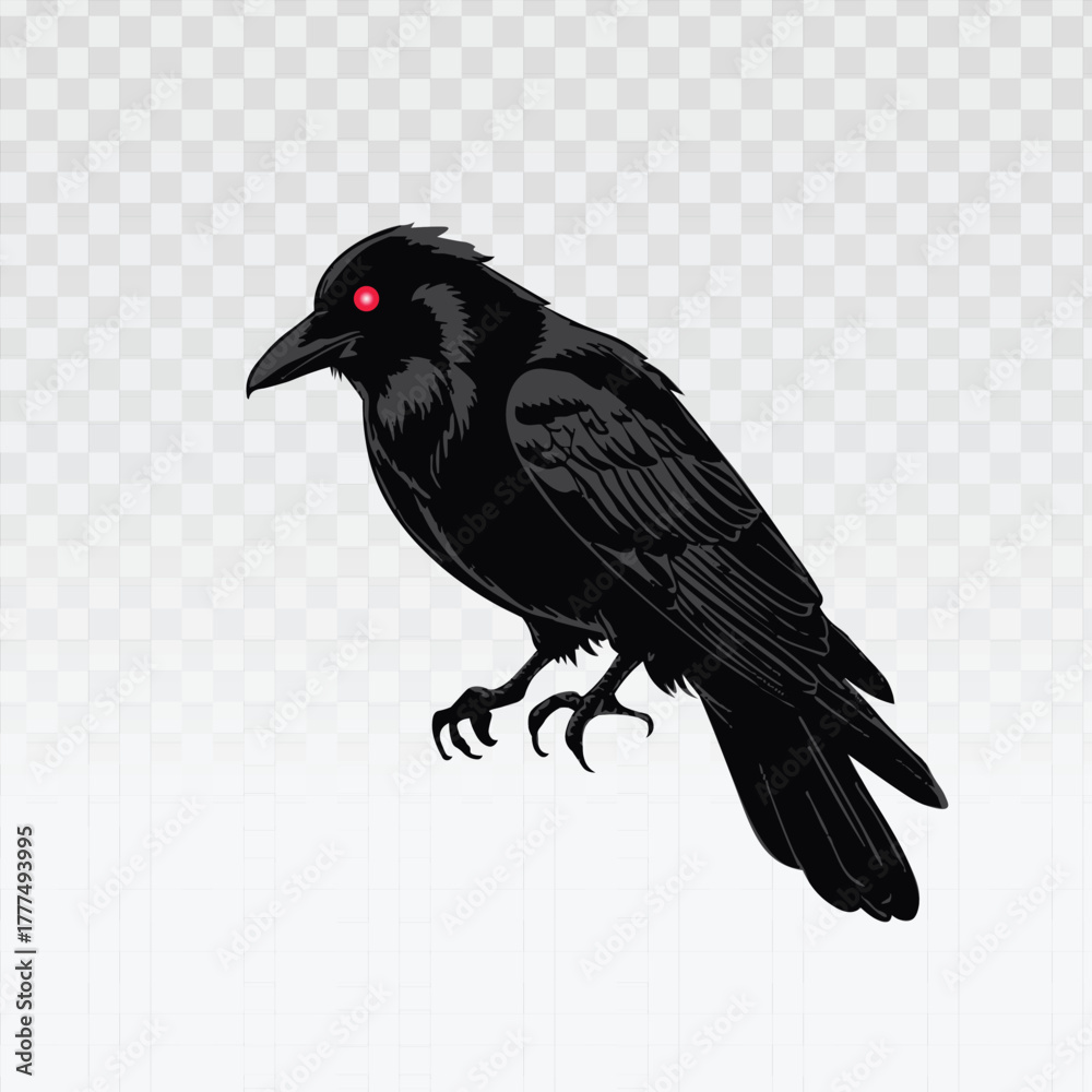Obraz premium Intense black raven with glowing red eyes, featuring dark feathers and a menacing stance. Perfect for horror themes, Halloween designs, gothic artwork, mystery scenes, or dramatic digital illustration