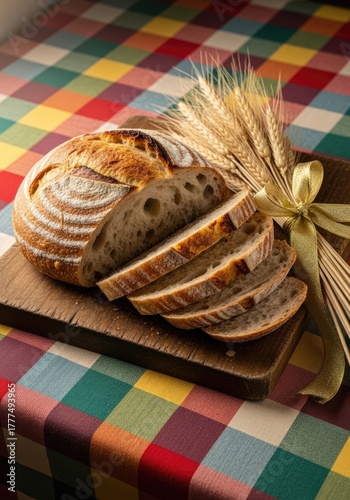 Sliced Wheat Bread Loaf with Golden Bow on Wooden Board and Colorful Tablecloth