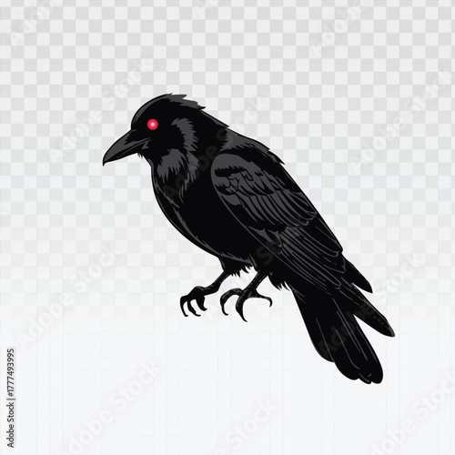 Intense black raven with glowing red eyes, featuring dark feathers and a menacing stance. Perfect for horror themes, Halloween designs, gothic artwork, mystery scenes, or dramatic digital illustration