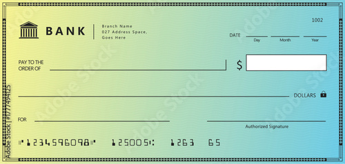 Blue Bank check, vector blank money cheque, checkbook template with guilloche pattern and fields. Currency payment coupon, money check background	