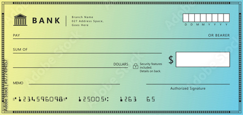 Blue Bank check, vector blank money cheque, checkbook template with guilloche pattern and fields. Currency payment coupon, money check background	