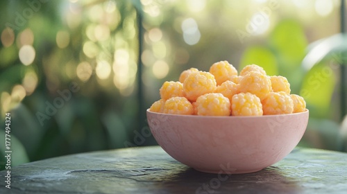 Exquisite pink corn balls on stone surface