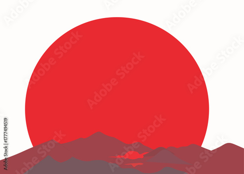 Dramatic abstract landscape with a large red sun rising or setting behind layered dark mountain peaks. Bold minimalist design ideal for posters, branding, travel ads, or web backgrounds.