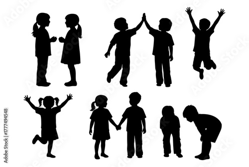 Set of children silhouettes with boys and girls talking, giving a high five, jumping, holding hands, and bending over