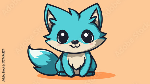An adorable blue baby fox character sitting with a fluffy tail. A cute and playful kawaii style cartoon animal illustration for kids