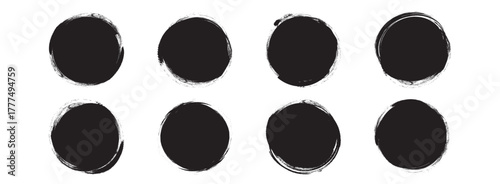 Paint brush stroke blob, charcoal circle bubble shape icon, round crayon blot, coal button set, circular ink spot, grunge edge border hand draw isolated on white background. Simple vector illustration