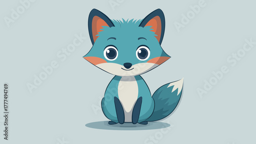 An adorable and charming blue fox cub sitting happily, a whimsical cartoon woodland animal character illustration isolated on a simple background
