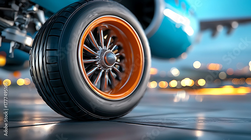 Airplane landing gear close-up airport runway photography urban setting ground level aviation enthusiasm