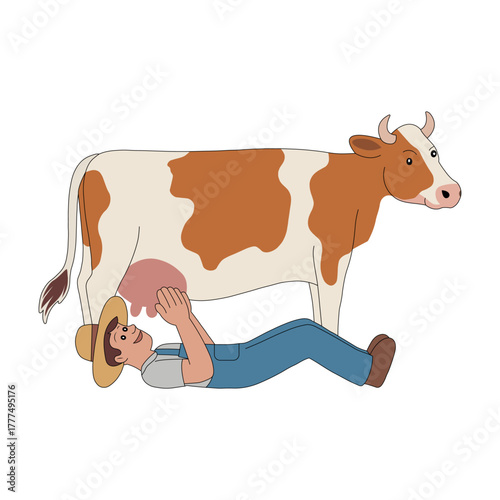 A man drinking milk from the udder of a cow