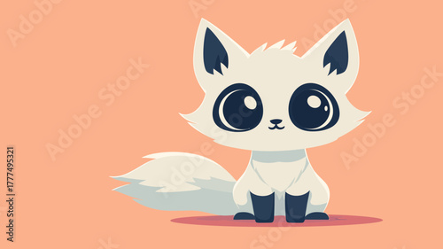 Adorable cartoon illustration of a white arctic fox with big eyes on a pastel background, perfect for children's books and designs