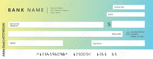 Blue Bank check, vector blank money cheque, checkbook template with guilloche pattern and fields. Currency payment coupon, money check background	