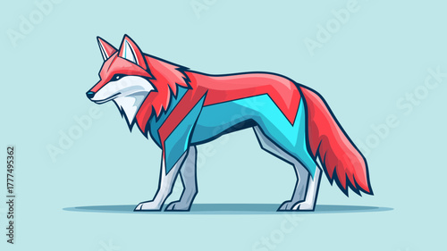 Stylized red and blue wolf mascot with a geometric lightning bolt design standing in profile. A modern vector illustration for branding or emblems