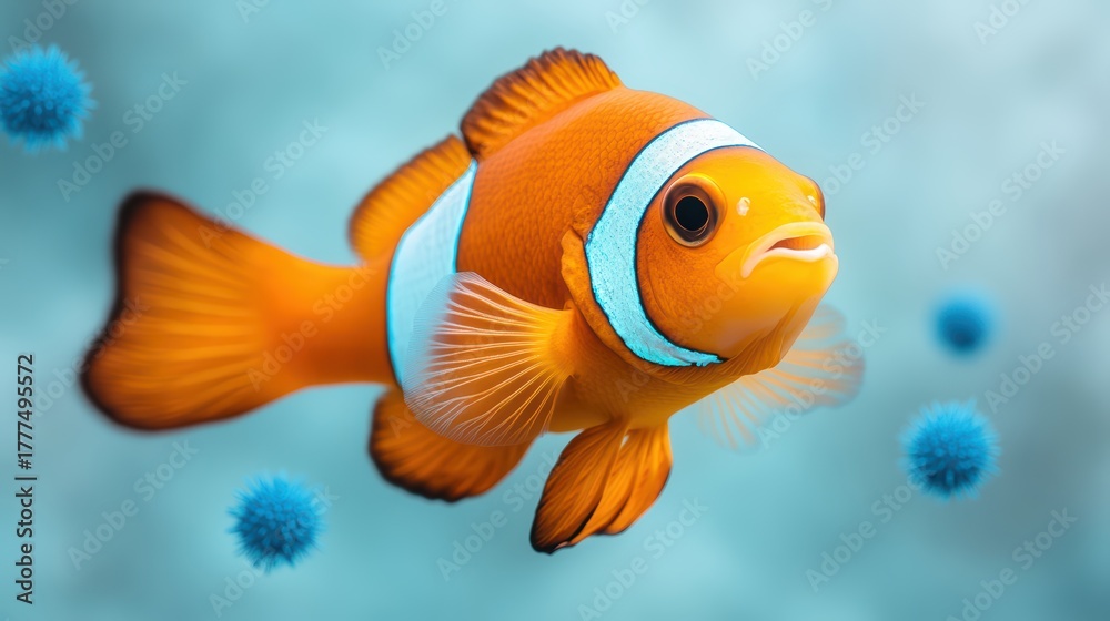 Fototapeta premium A vibrant orange clownfish swims in a blue background, surrounded by small, blue particles, evoking a sense of underwater tranquility and health.
