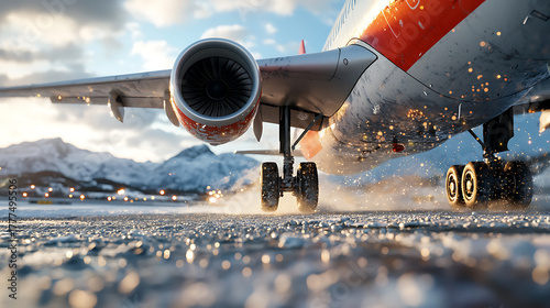 Aircraft landing on icy runway mountainous region aviation photography winter setting close-up view flight dynamics