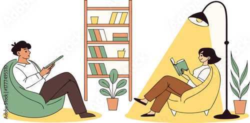 A stylized illustration depicts two figures reading under the warm glow of lamps, flanking a bookshelf filled with books and potted plants. On the left, a young man with dark hair sits in a green armc
