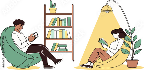 A stylized illustration depicts two figures reading under the warm glow of lamps, flanking a bookshelf filled with books and potted plants. On the left, a young man with dark hair sits in a green armc