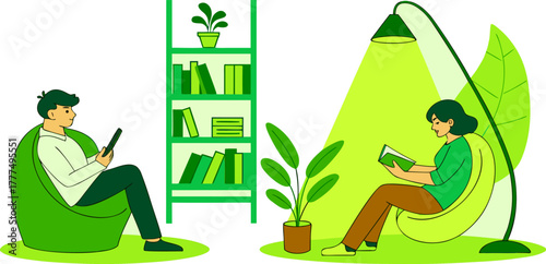 A stylized illustration depicts two figures reading under the warm glow of lamps, flanking a bookshelf filled with books and potted plants. On the left, a young man with dark hair sits in a green armc
