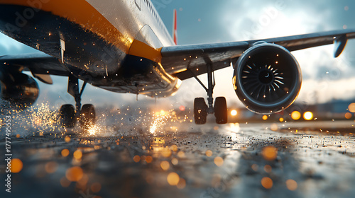 Jet taking off airport runway aviation photography urban environment close-up view action-packed moment