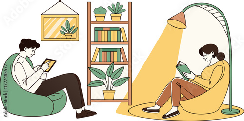 A stylized illustration depicts two figures reading under the warm glow of lamps, flanking a bookshelf filled with books and potted plants. On the left, a young man with dark hair sits in a green armc