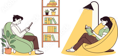 A stylized illustration depicts two figures reading under the warm glow of lamps, flanking a bookshelf filled with books and potted plants. On the left, a young man with dark hair sits in a green armc