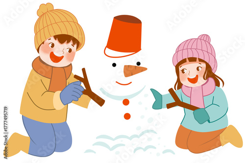 Kids building snowman
