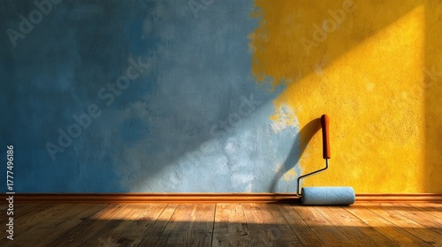 painted wall and roller brush leaning on wall