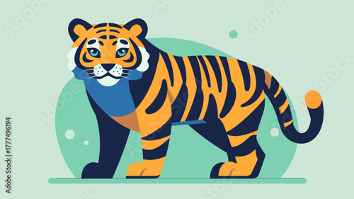 Striking Tiger Illustration: A majestic tiger illustration with bold colors and strong lines, its focused gaze exudes power and strength against a soft background.