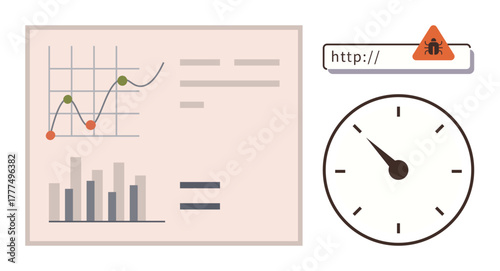 Graph with upward trend, bar chart, bug warning in online link, and clock showing time tracking. Ideal for data analysis, performance monitoring, debugging, time management, problem solving software