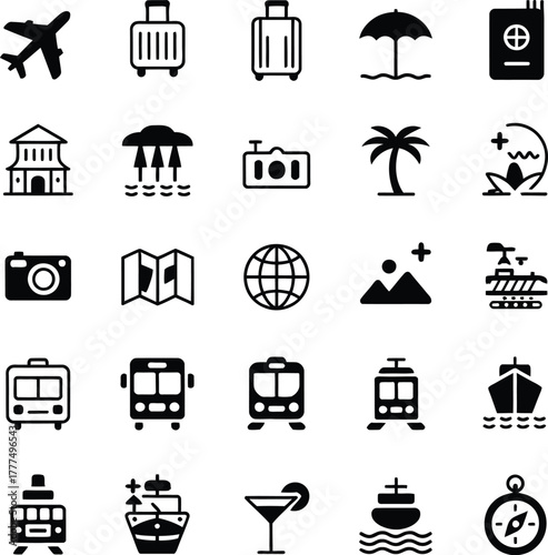 Travel and vacation icons set with transport, luggage, destinations and adventure symbols