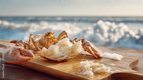 White lobster meat with sea view background