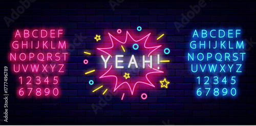 Yeah neon label in firework. Consent and agreement. Game design. Label for casino, talk show. Vector stock illustration