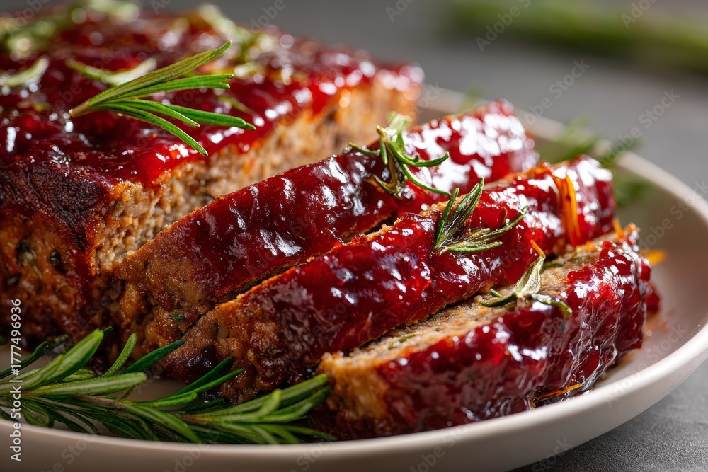 Obraz premium Cranberry Orange Glazed Meatloaf on white plate, sliced, covered in rich, red cranberry sauce, garnished with fresh rosemary. Concept of meatloaf glazed with cranberry and orange sauce.