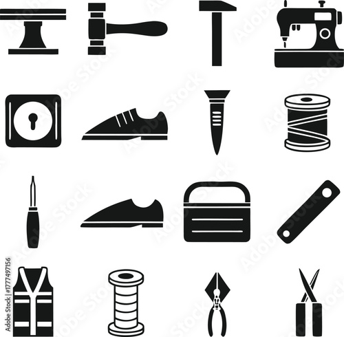 Shoemaker icon set, cobbler tools, shoe repair, hammer, sewing machine, awl, thread, anvil