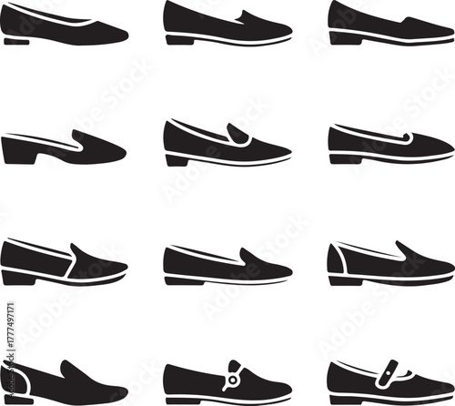 Loafers icon set, women's footwear, flat, casual, slip-on, moccasin, comfortable, classic