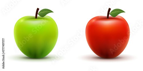 Realistic illustration of green and red apples with leaves on white background. Fresh, juicy fruits symbolizing health, nutrition, and natural food concept.