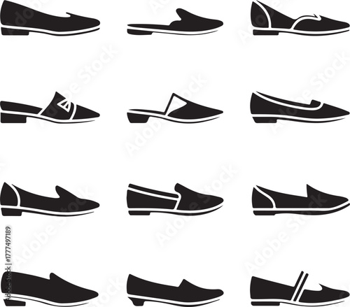 Women's shoes icon set, loafers, flats, footwear, casual, moccasin, mule, slip-on