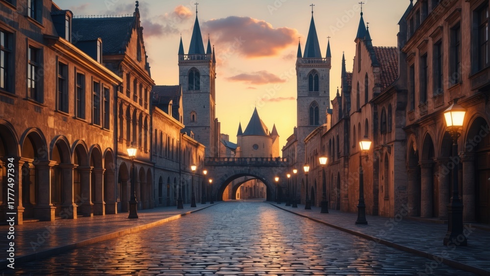 Fototapeta premium Charming European Street at Dusk: Cobblestone Road, Historic Buildings, Warm Lighting